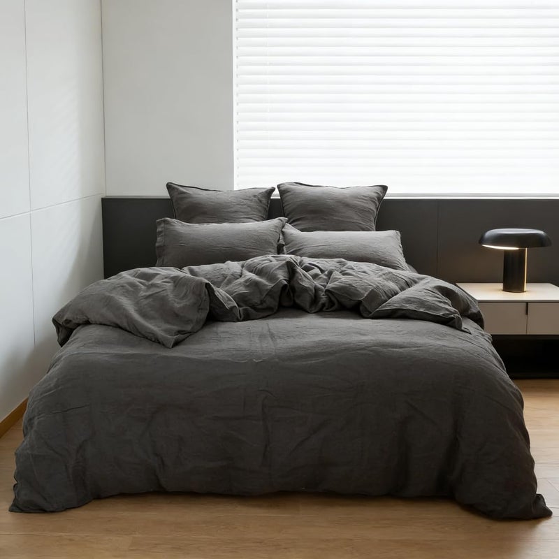 Simple&Opulence 100% Linen Duvet Cover Set 3pcs Basic Style Natural French Washed Flax Solid Color Soft Breathable Farmhouse Bedding with Button Closure - Dark Grey, King - Image 1